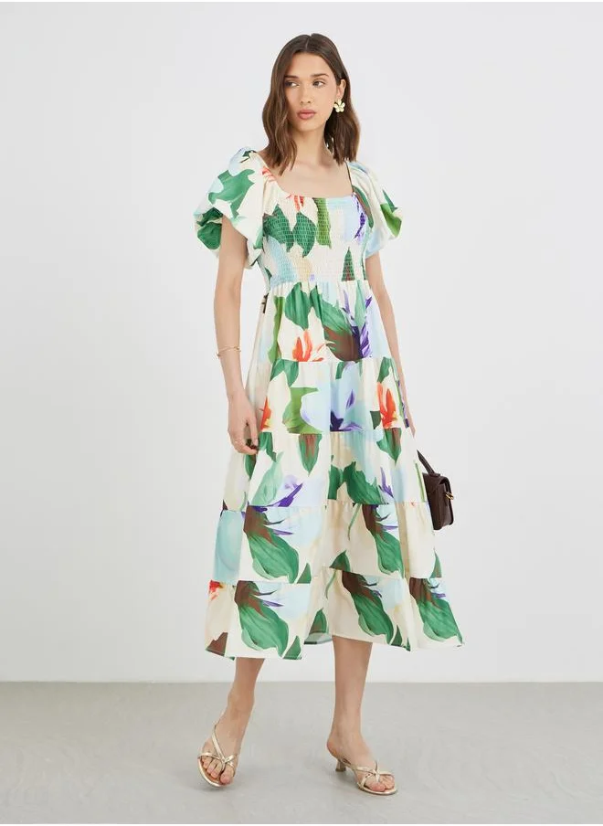 Take Two Take Two Puff Sleeves Floral Print Smocking Detail Midi Dress