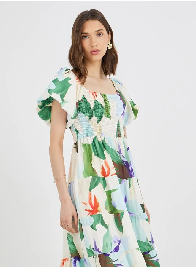 Take Two Take Two Puff Sleeves Floral Print Smocking Detail Midi Dress