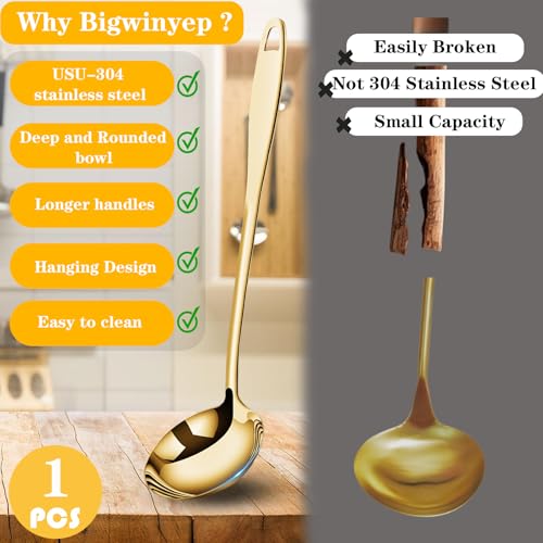 Bigwinyep Soup Ladle Soup Spoons 304 Stainless Steel Gold Ladle, 12.2Inch Long Handle Large Serving Spoon for Cooking Buffet, Party, Kitchen, Gold - Image 5