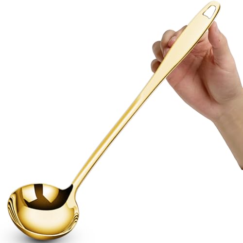 Bigwinyep Soup Ladle Soup Spoons 304 Stainless Steel Gold Ladle, 12.2Inch Long Handle Large Serving Spoon for Cooking Buffet, Party, Kitchen, Gold - Image 1
