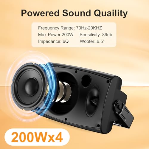 STUDIOFINIX 6.5 Inch Max 800W Outdoor Bluetooth Speakers Waterproof Wired with Multifunctional Amplifier Wall Mount Outdoor Speaker System for Patio Garden Poolside Home(4 Speakers,Black) - Image 3