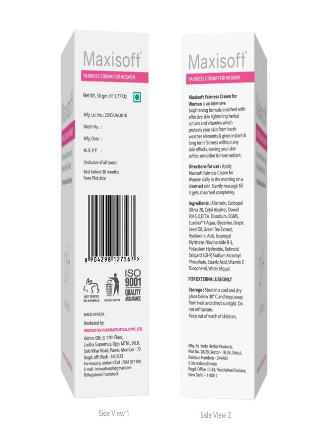 Maxisoft Fairness Cream for Women | for Glowing & Brightening Skin |Reduces Age Spots, Fine Lines| pH Balance|Paraben Free| For All Skin Types | 50 gm ( Pack of 2) - Image 2