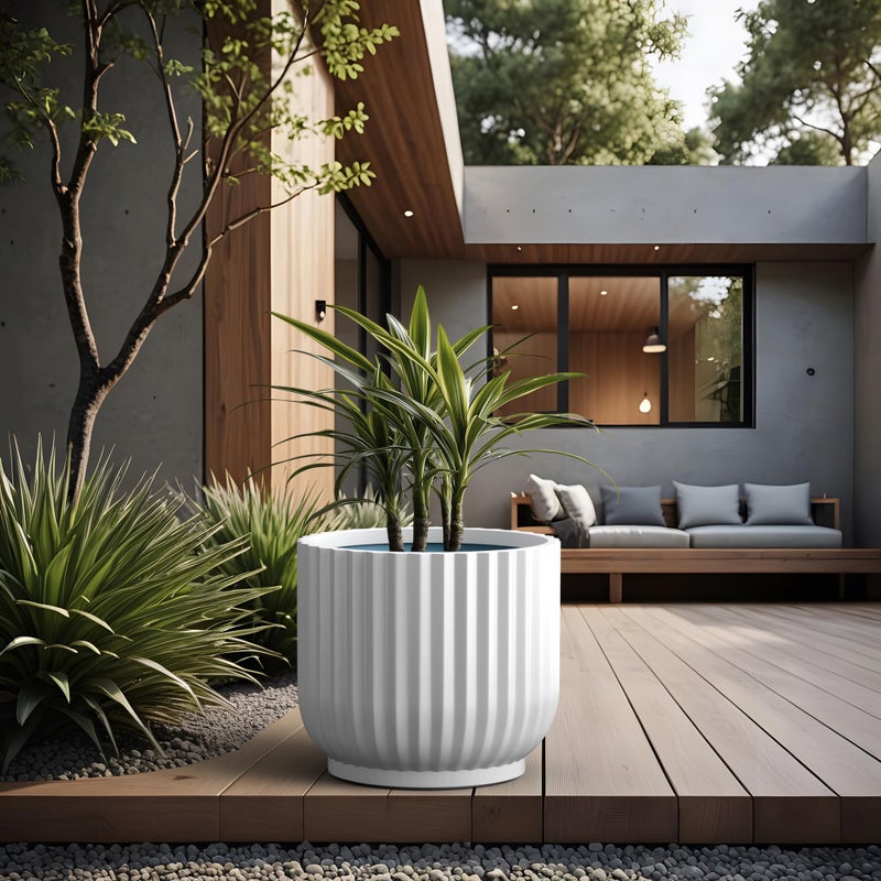 Kante Round Fluted Planter, 16.7 Inch Dia Large Concrete Plant Pots with Drainage Hole and Rubber Plug, Modern Decor for Indoor Outdoor Plants, Flower, White Finish with Painted Interior - Image 3