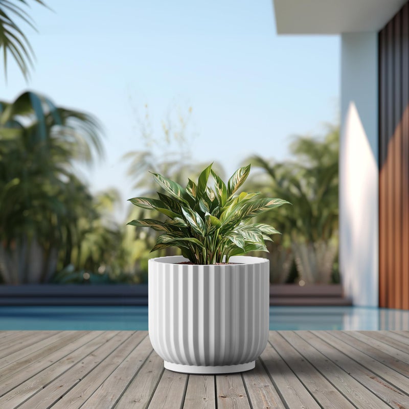 Kante Round Fluted Planter, 16.7 Inch Dia Large Concrete Plant Pots with Drainage Hole and Rubber Plug, Modern Decor for Indoor Outdoor Plants, Flower, White Finish with Painted Interior - Image 5