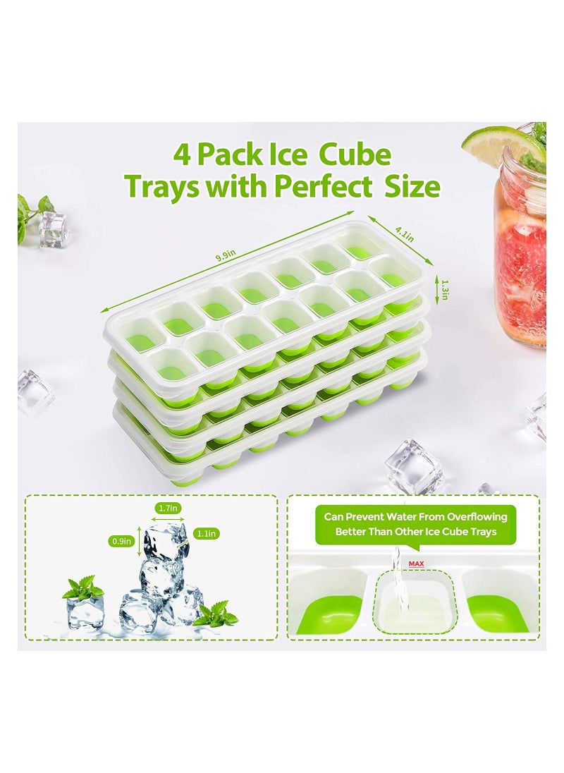 COOLBABY Ice Cube Trays 4 Pack, Easy-Release Silicone & Flexible 14-Ice Cube Trays with Spill-Resistant Removable Lid(Green)