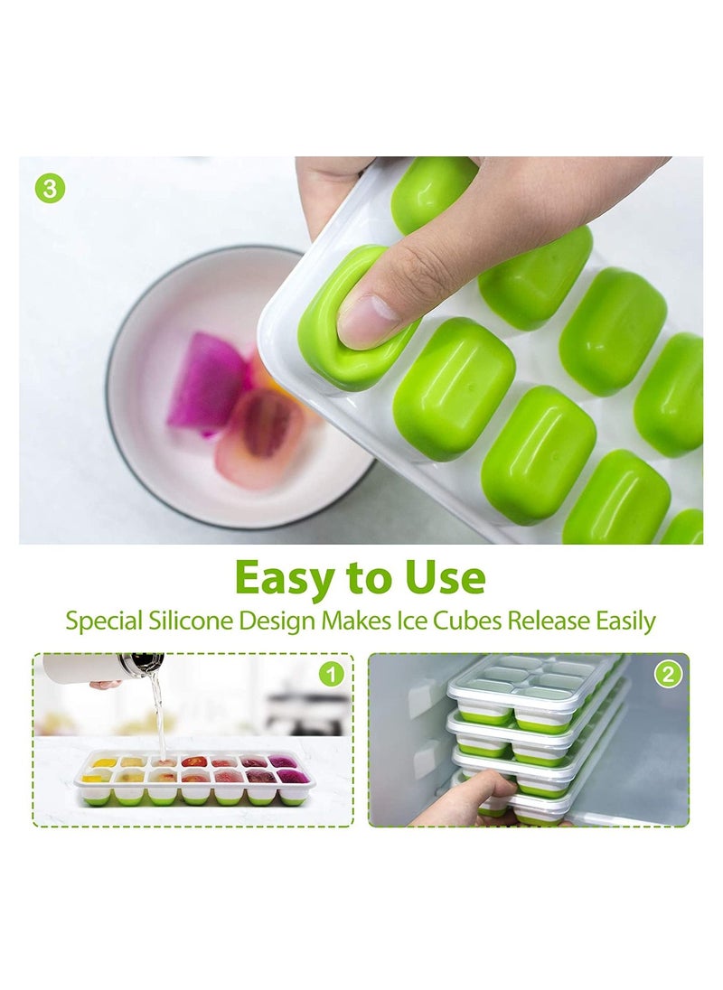 COOLBABY Ice Cube Trays 4 Pack, Easy-Release Silicone & Flexible 14-Ice Cube Trays with Spill-Resistant Removable Lid(Green)