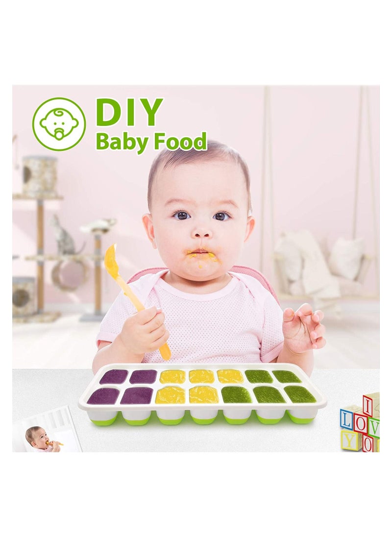 COOLBABY Ice Cube Trays 4 Pack, Easy-Release Silicone & Flexible 14-Ice Cube Trays with Spill-Resistant Removable Lid(Green)