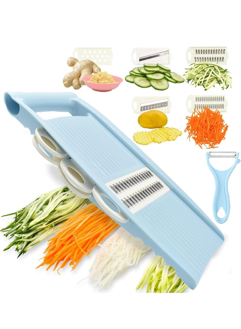 إسكدنيا قطاعة خضروات 5 في 1، قطاعة خضروات متعددة الشفرات ومجموعة تقطيع رقائق البطاطس مع قشرة، أزرق، لمهام المطبخ الصغيرة - Image 4