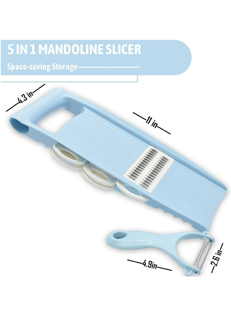 إسكدنيا قطاعة خضروات 5 في 1، قطاعة خضروات متعددة الشفرات ومجموعة تقطيع رقائق البطاطس مع قشرة، أزرق، لمهام المطبخ الصغيرة - Image 2