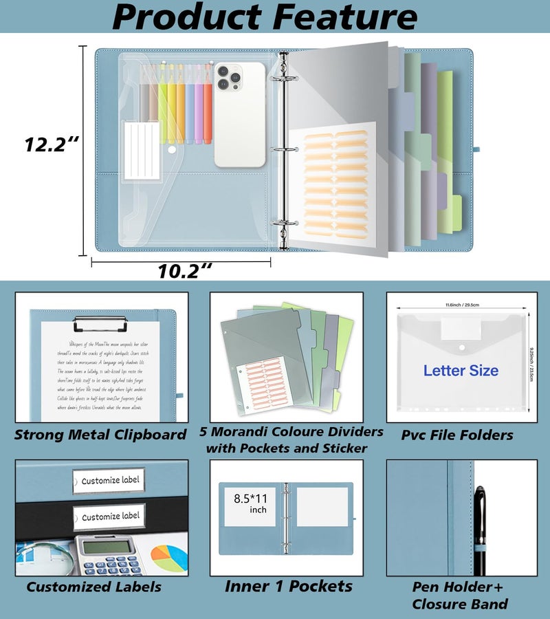 BVSSX 1 Inch 3 Ring Leather Binder Organizer, BVSSX Three Ring Binders with Clipboard, Plastic Folder, 5-Tabs Pocket Dividers with Sticker Labels, Pen Loop, Elastic Strap (Blue, Letter Size) - Image 2
