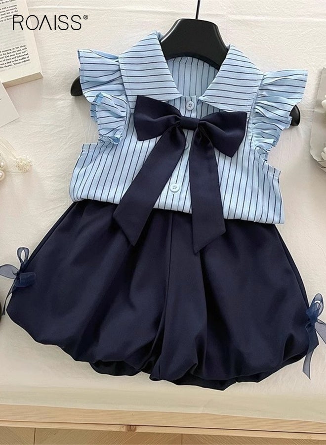 roaiss 2 Piece Comortable Clothing Set for Girls, Striped Ruffled Blouse and Solid Shorts Set, Stylish Summer Outfit with Bowknot Shirt and Elastic Waist Short Pants  - Image 1