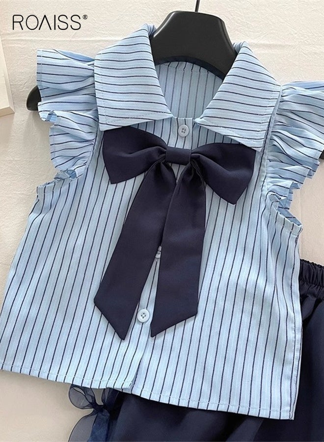 roaiss 2 Piece Comortable Clothing Set for Girls, Striped Ruffled Blouse and Solid Shorts Set, Stylish Summer Outfit with Bowknot Shirt and Elastic Waist Short Pants  - Image 2