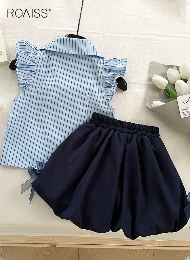 roaiss 2 Piece Comortable Clothing Set for Girls, Striped Ruffled Blouse and Solid Shorts Set, Stylish Summer Outfit with Bowknot Shirt and Elastic Waist Short Pants  - Image 3