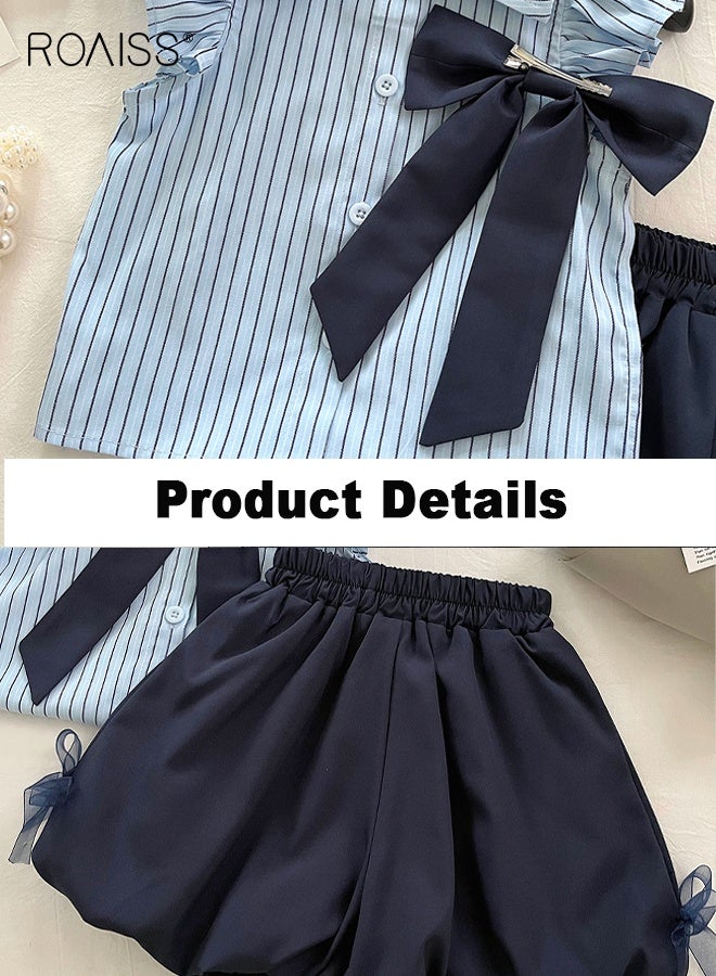 roaiss 2 Piece Comortable Clothing Set for Girls, Striped Ruffled Blouse and Solid Shorts Set, Stylish Summer Outfit with Bowknot Shirt and Elastic Waist Short Pants  - Image 5