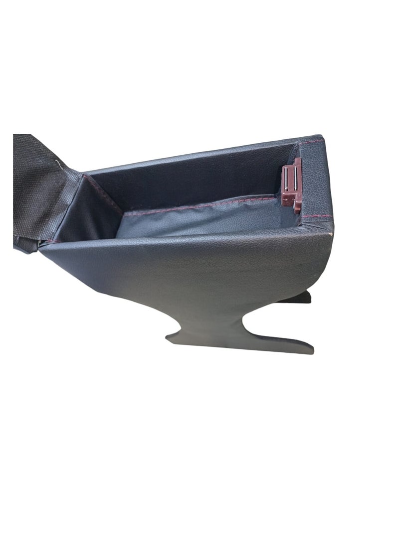 Car Armrest Unit with Leather and Plastic Storage Box with Armrest Pillow, Renault Stepway, Black with Red Stitching