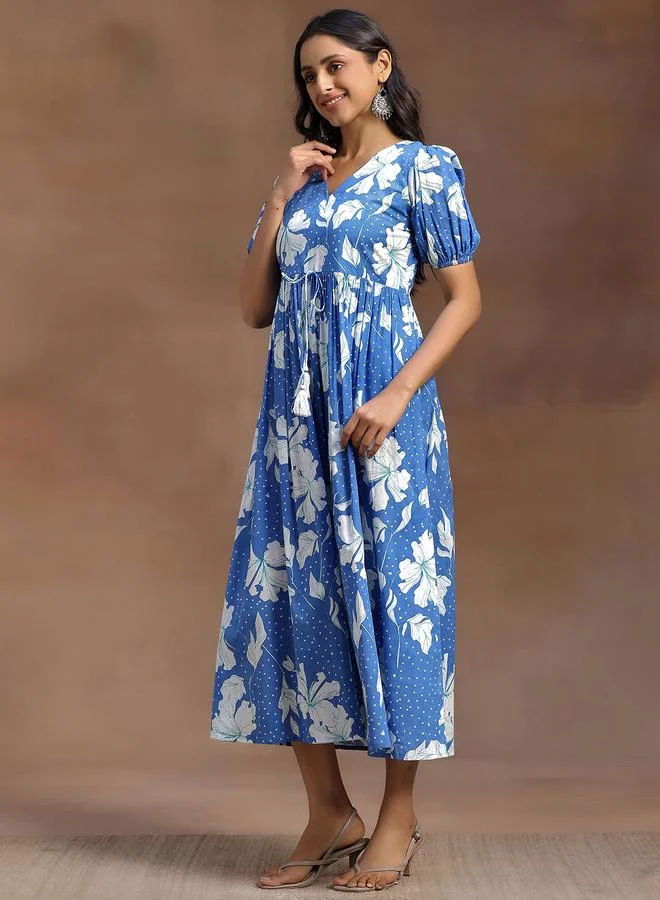 لباس Blue Printed Cotton Tiered Midi Dress