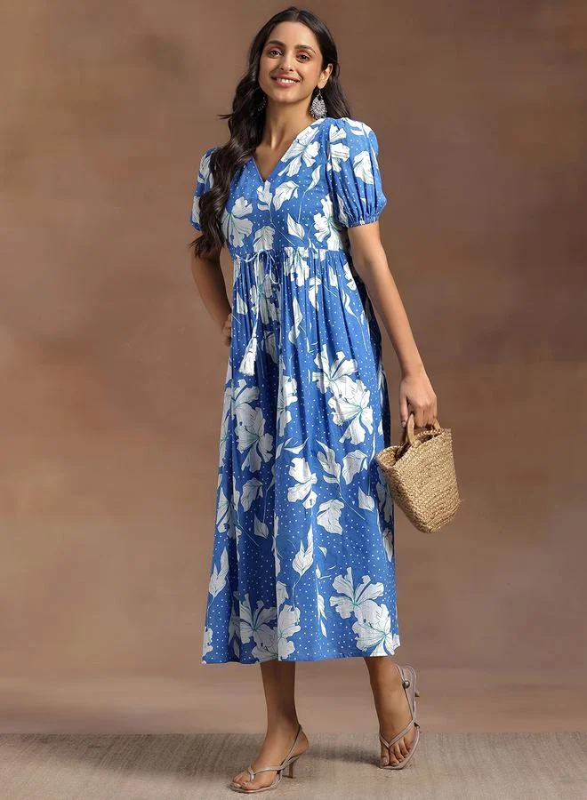 لباس Blue Printed Cotton Tiered Midi Dress