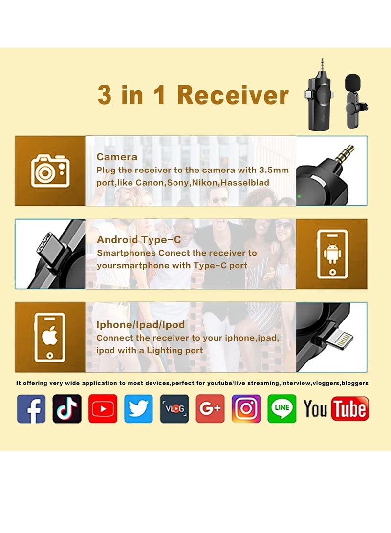 إلترازون ميكروفون لافالير لاسلكي، ميكروفون 3 في 1 قابل للتشغيل لكاميرا iPhone iPad Android للتسجيل، يوتيوب، تيك توك، فيسبوك لايف ستريم، مزامنة تلقائية لتقليل الضوضاء (لا حاجة إلى تطبيق أو بلوتوث) - Image 2
