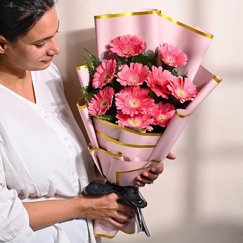 Floweraura FlowerAura Fresh Live Flower Bouquet of 10 Pink Gerberas In Designer Packing For Birthday Gift Anniversary Gift Wedding Gift Congratulations Gift Gift For Special Occasions Same Day Delivery  - Image 1