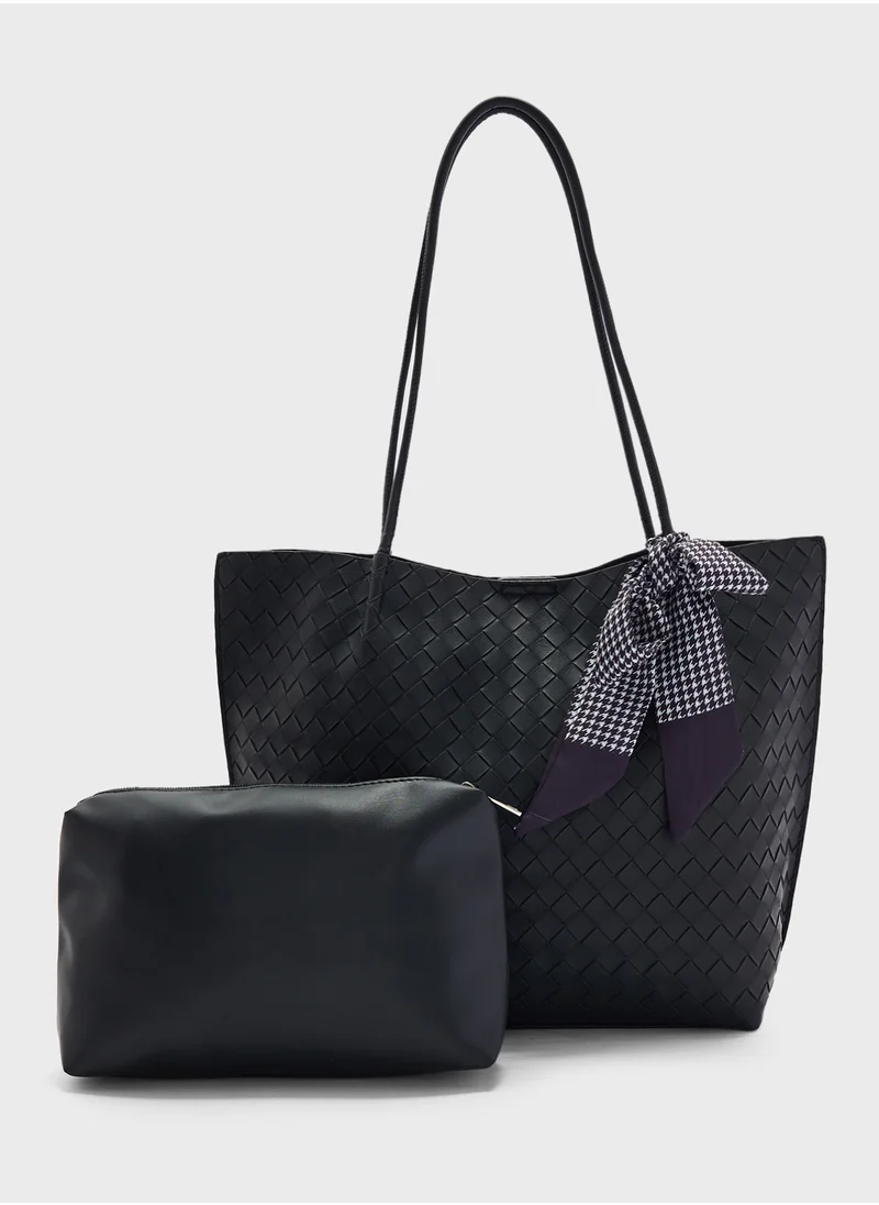 ELLA Woven Texture Tote Bag With Pouch