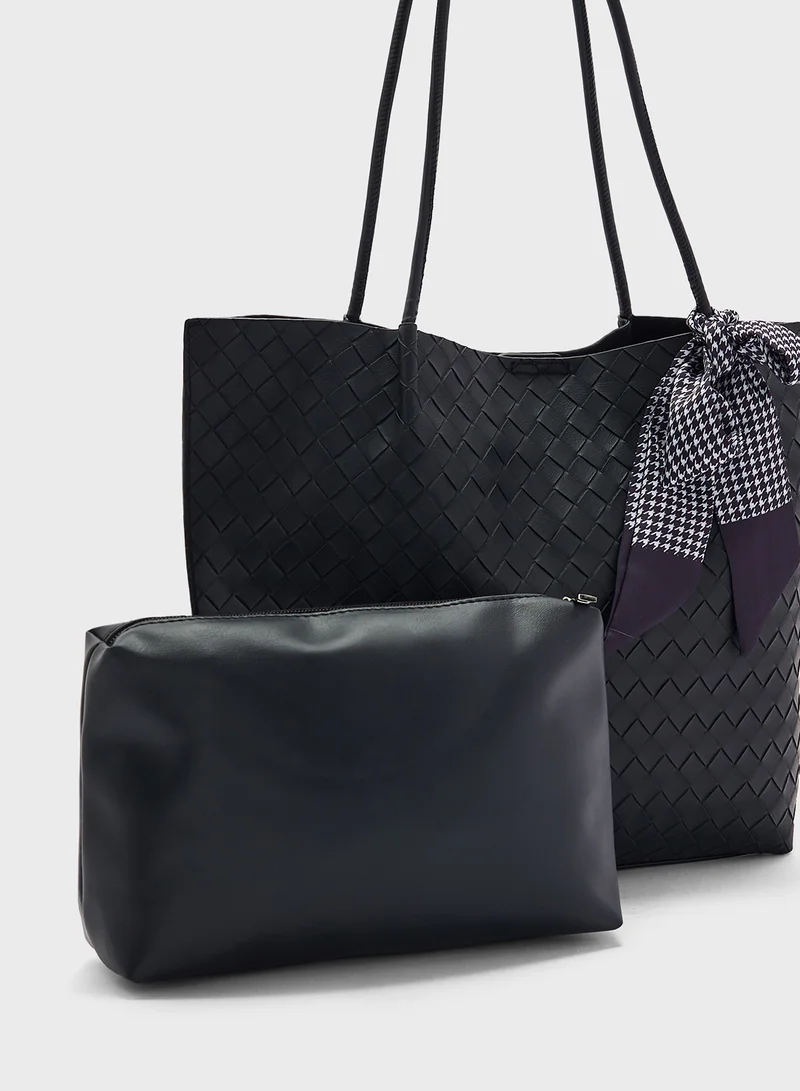 ELLA Woven Texture Tote Bag With Pouch