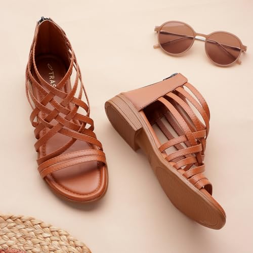 TRASE Flats Gladiator With Zip Closure For Women Sandals| Gladiator High-Tops Sandals For Women | Stylish & Comfortable | College, Office, Shopping, Outdoor & Beach Wea (Tan, 4 UK) - Image 2