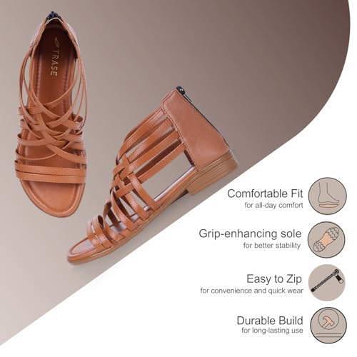 TRASE Flats Gladiator With Zip Closure For Women Sandals| Gladiator High-Tops Sandals For Women | Stylish & Comfortable | College, Office, Shopping, Outdoor & Beach Wea (Tan, 4 UK) - Image 3