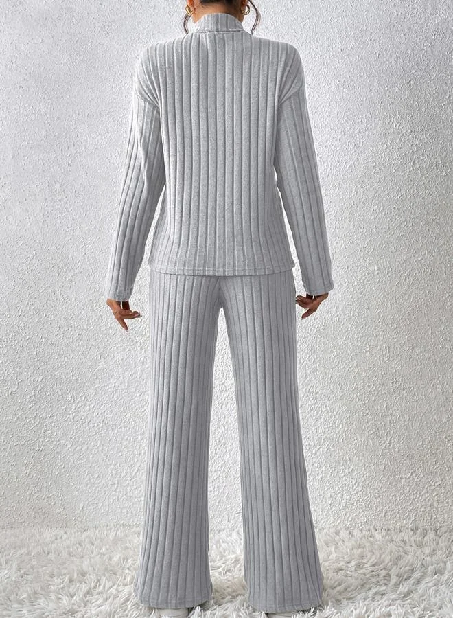 Take Two Take Two Grey Ribbed Knit Top and Wide Leg Pants Co-ords