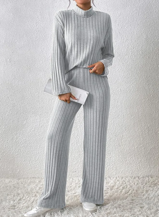 Take Two Take Two Grey Ribbed Knit Top and Wide Leg Pants Co-ords