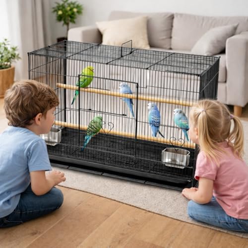 Rizopets Bird Cage, Crate for Rabbit, Parrots and Small Pets with Sliding Tray, 2 Feeding Cup & 2 Perch with Secure Lock (15 Inches, Black), Metal - Image 3