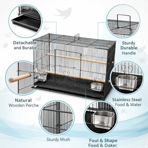 Rizopets Bird Cage, Crate for Rabbit, Parrots and Small Pets with Sliding Tray, 2 Feeding Cup & 2 Perch with Secure Lock (15 Inches, Black), Metal - Image 4