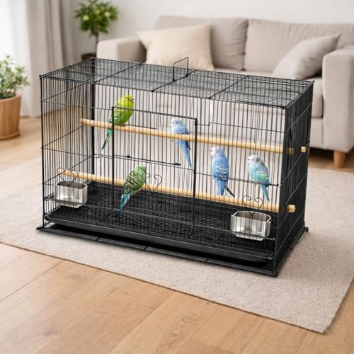 Rizopets Bird Cage, Crate for Rabbit, Parrots and Small Pets with Sliding Tray, 2 Feeding Cup & 2 Perch with Secure Lock (15 Inches, Black), Metal - Image 2