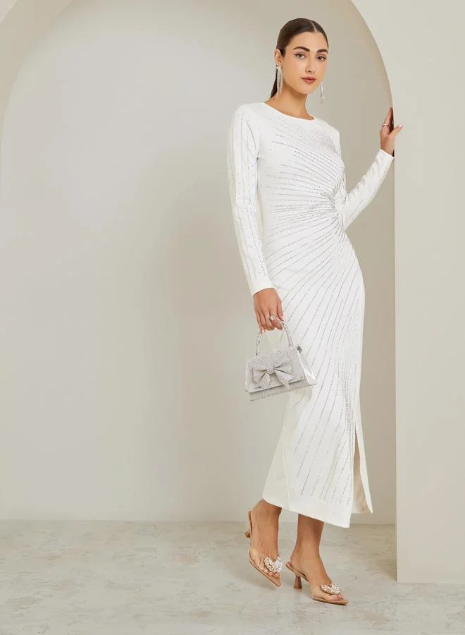 Styli Off-White Embellished Rhinestone Bodycon Maxi Dress
