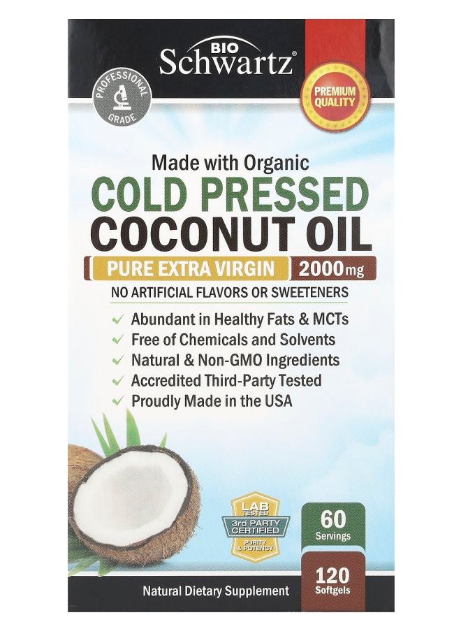 Organic Cold Pressed Coconut Oil Pure Extra Virgin 2000 mg 120 Softgels (1000 mg per Softgel)
