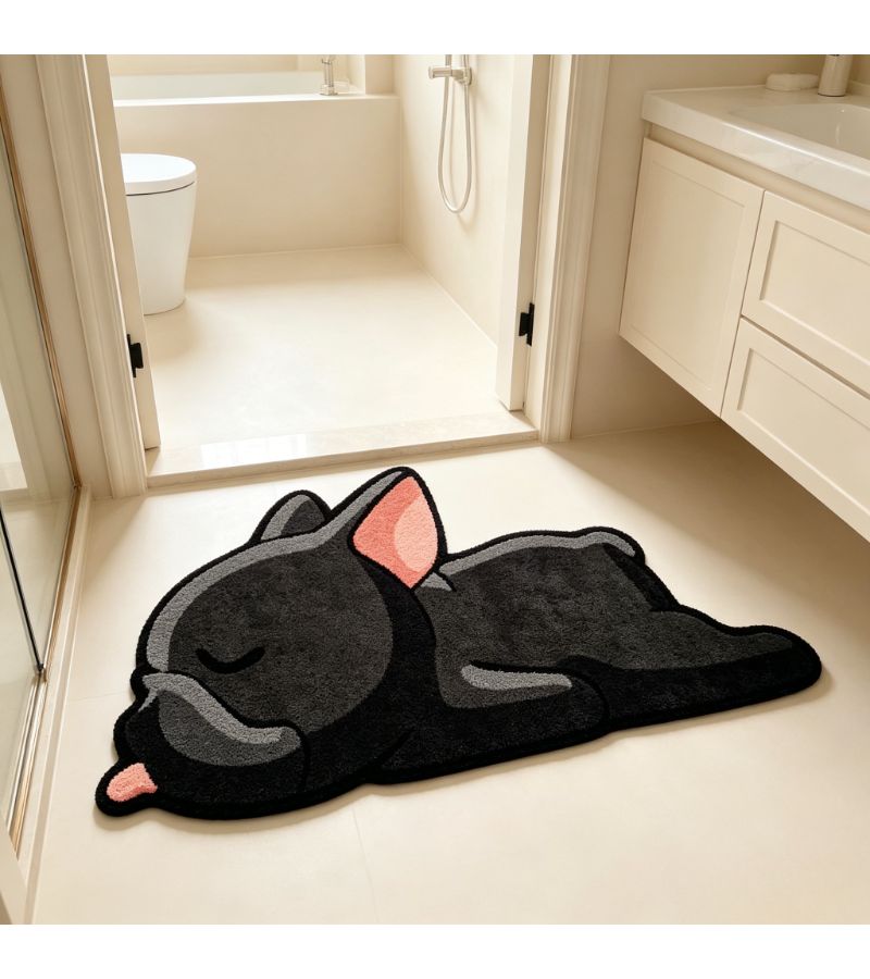 Cream Irregular Shape French Bulldog Rug With Non Slip Backing Machine Washable Soft Mat For Living Room Bedroom Kitchen Bathroom Balcony Entryway Modern Decor 31.5x47.24 Inch - Image 1