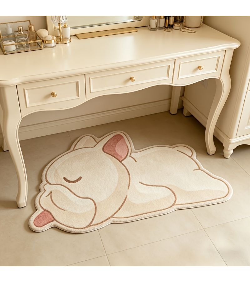 Cream Irregular Shape French Bulldog Rug With Non Slip Backing Machine Washable Soft Mat For Living Room Bedroom Kitchen Bathroom Balcony Entryway Modern Decor 31.5x47.24 Inch - Image 3
