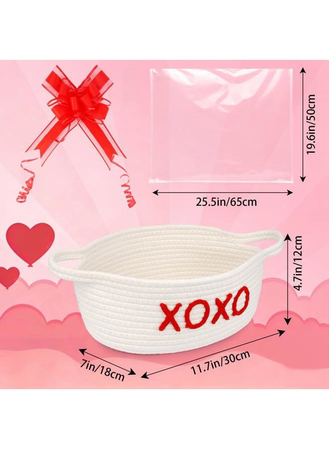 JEROKUMI Woven Valentines Baskets for Gifts Empty with Ribbons Bow Tie and Bag, Gift Empty Decorative Box, Woven Rope Basket Storage for Gifts with Handles Home Decor (XOXO) 11" x7"x4.7" - Image 4