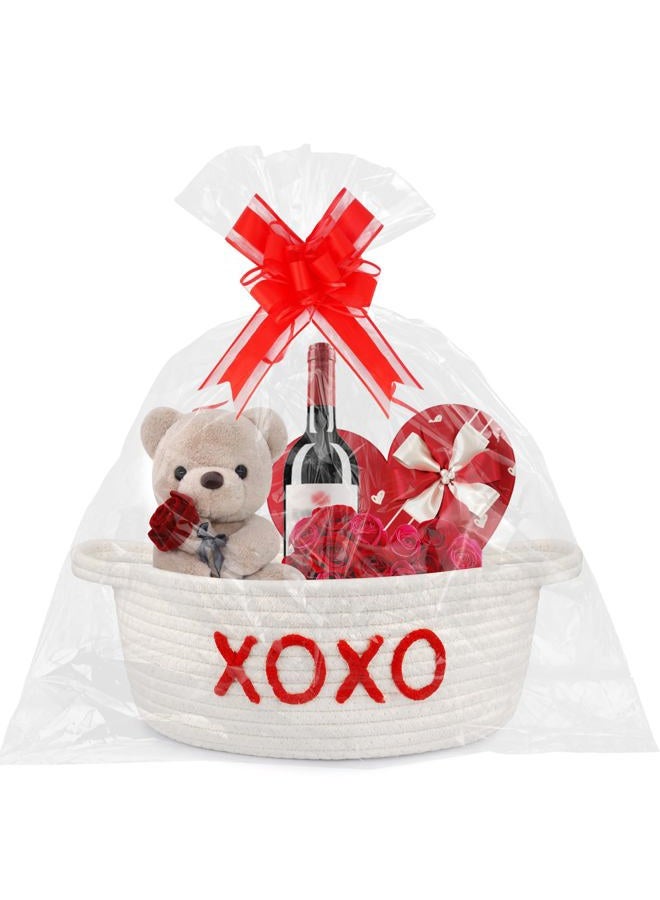 JEROKUMI Woven Valentines Baskets for Gifts Empty with Ribbons Bow Tie and Bag, Gift Empty Decorative Box, Woven Rope Basket Storage for Gifts with Handles Home Decor (XOXO) 11" x7"x4.7" - Image 1