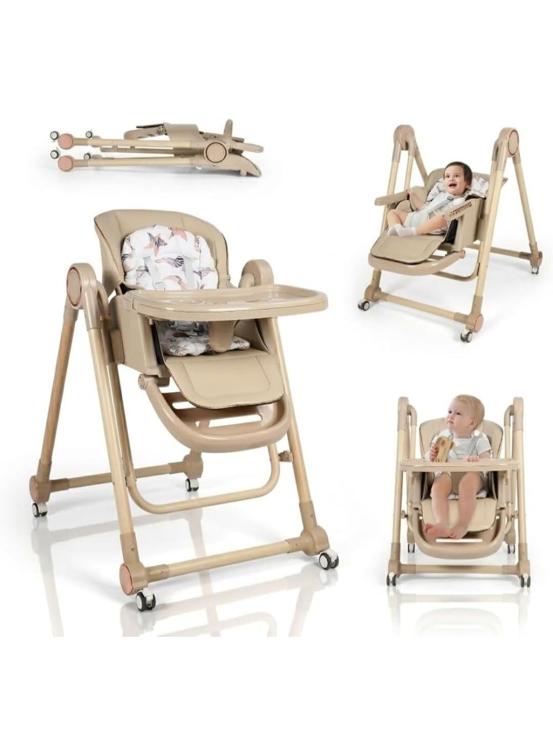 6-in-1 Foldable Baby High Chair with Swing Feeding Baby and Toddlers Rocking Chair with Removable Seat & Tray Adjustable to 9 different heights with Reclining Seat Baby Bouncer Swing with Lockable