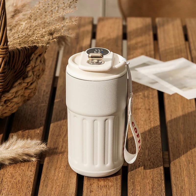 JUGTE Coffee Mug Cup Digital Display, Thermos Flasks, 460 ml, 316 Stainless Steel Travel Mug, Insulated Vacuum Thermal Mug, Leak-Proof Travel Mug with Lid for Coffee (White) - Image 1