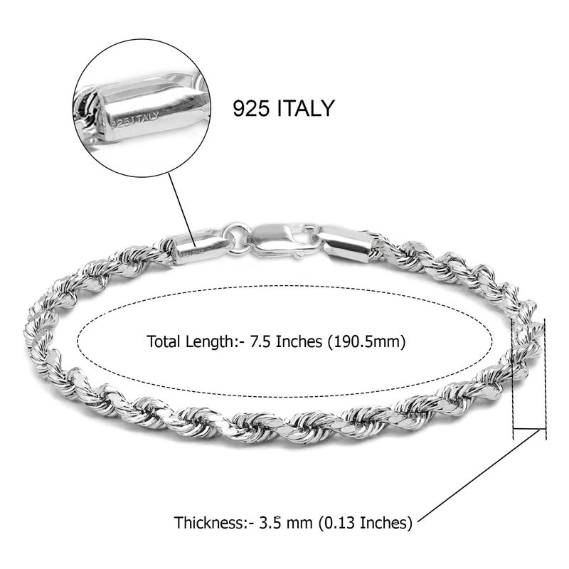 LeCalla 925 Sterling Silver Italian Diamond-Cut Braided Rope Chain Bracelet for Men 7.5 Inches - Image 5