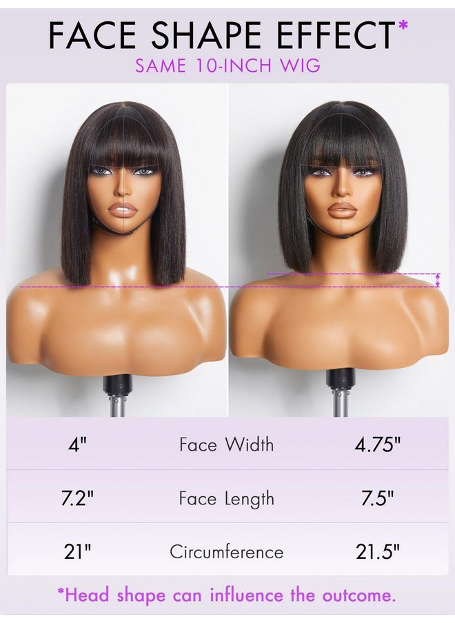 LUVME HAIR - 10 Inch Light Yaki Straight Bob Wig With Bangs Human Hair Realistic Hd Lace Short Black Bob Wigs, Ready To Go Blunt Cut Bob Wig Glueless 180 Density - Image 1