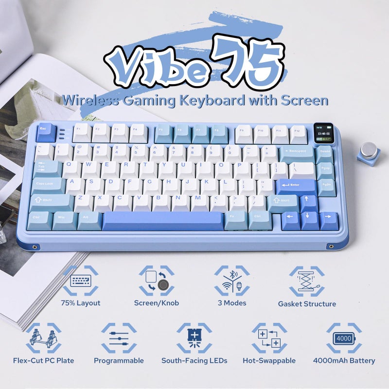 MechLands Vibe75 75% Wireless Gaming Keyboard with Screen & Knob Modules, Seal Mechanical Keyboard, Creamy Keyboard with BT5.0/2.4GHz/USB-C, 5-Layer Padding, RGB (Blue) - Image 2