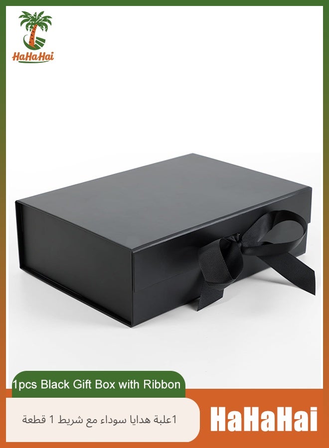 هاهاهاي 26*19*8 سم صندوق هدايا أسود كبير مع شريط، علب هدايا قابلة للطي للهدايا مع غطاء، مناسبة جدًا للمهرجانات وأعياد الميلاد والذكرى السنوية وغيرها - Image 1
