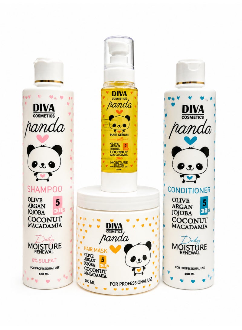DIVA Cosmetics Panda Hair Care Set – Shampoo, Conditioner, Hair Mask & Hair Serum with 5 Natural Oils for Daily Moisture Renewal