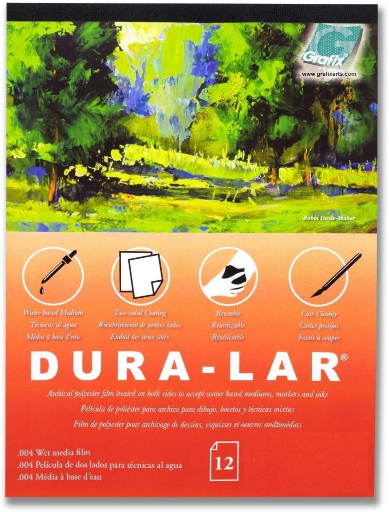 Grafix Dura-Lar Wet Media Film, 9 x 12 Inches, 12 Sheets, Coated for Water-Based Mediums - Image 1
