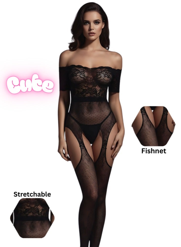 Cute Black Lace Fishnet Bodystocking – Off Shoulder Stretchable See-Through Lingerie for Women - Image 1