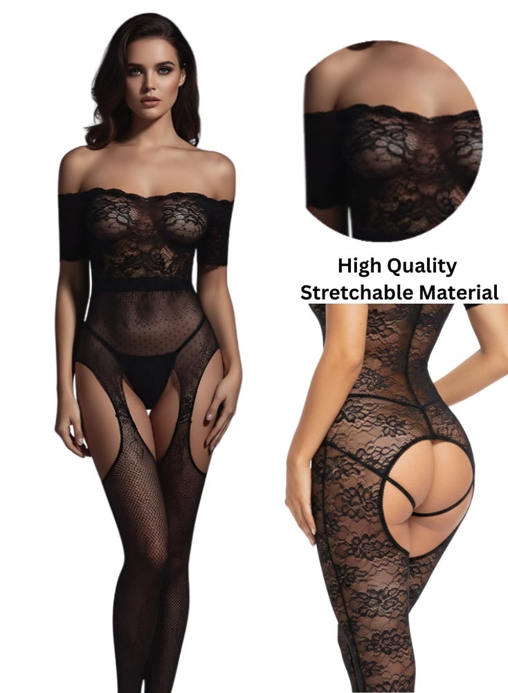 Cute Black Lace Fishnet Bodystocking – Off Shoulder Stretchable See-Through Lingerie for Women - Image 2