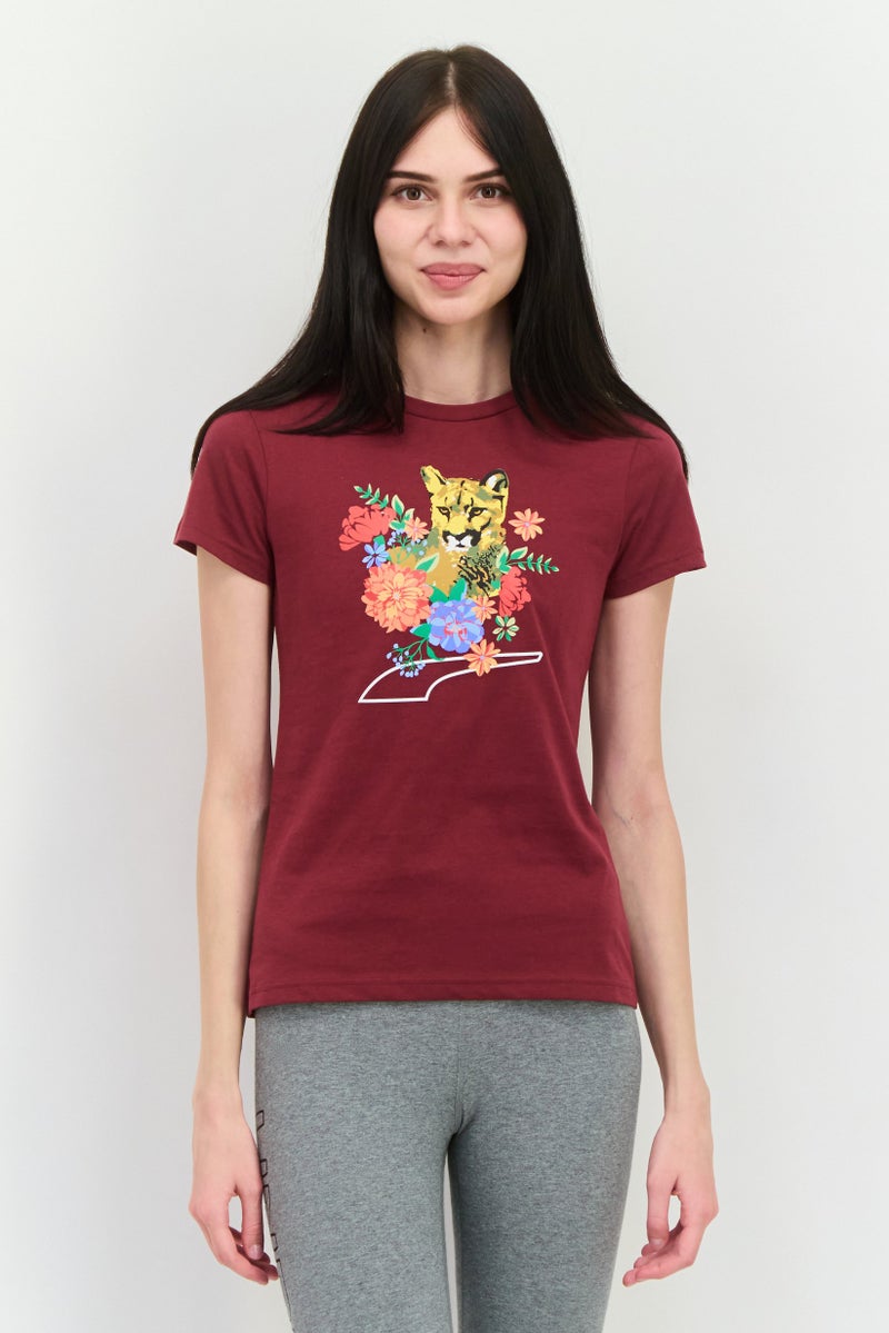 PUMA ملابس رياضية نسائية بتصميم زهور بأكمام قصيرة، مارون - Image 1