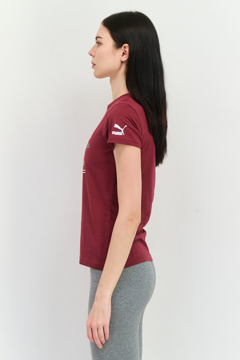 PUMA ملابس رياضية نسائية بتصميم زهور بأكمام قصيرة، مارون - Image 3